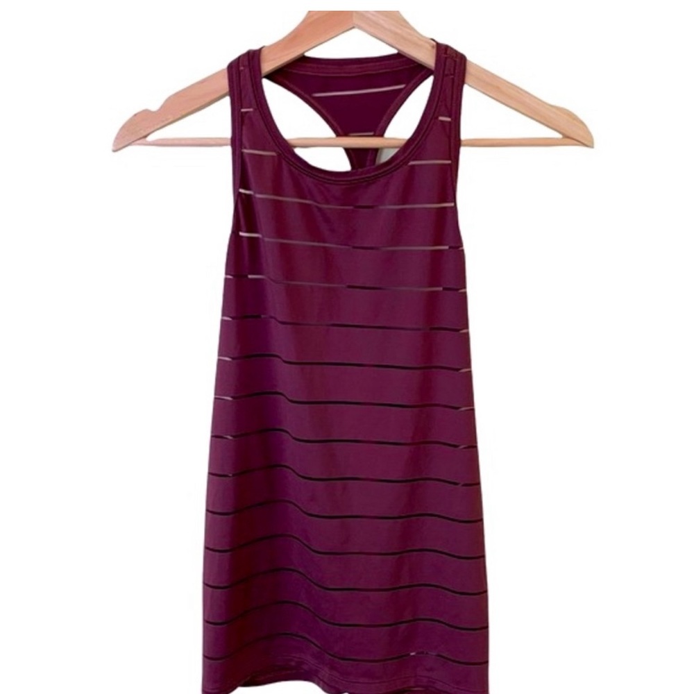 Athleta Hi Neck Chi Mesh Stripe Tank Top in Size Small | Wine Color Cutout Tank
